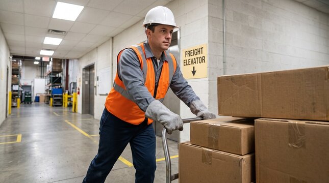 Warehouse worker pushing heavy box cart in industrial storage facility with safety gear