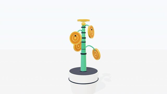 Premium 3D motion graphics created with Three.js. A smart high-tech planter absorbs a seed coin and organically grows an emerald telescopic trunk with 4 elevated, natural drooping branches (ranting me