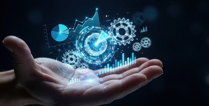 African American hand holds glowing digital holographic interface with business graphs, gears. Man controls AI technology, data analysis, automation tools. Virtual blue HUD shows financial charts,