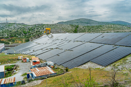 Solar panel array covers the Vau i Dejes dam in Albania