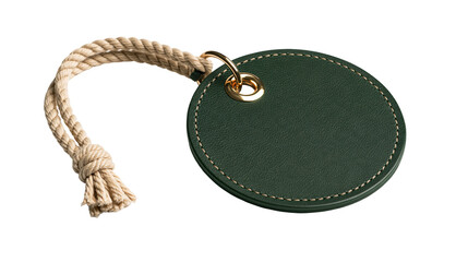 Round dark green leather luggage tag with beige rope and gold metal eyelet © Isolde