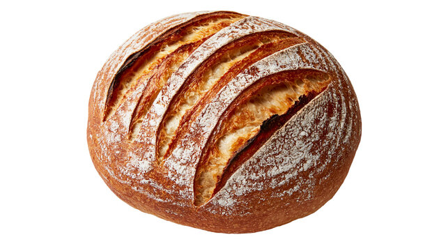 Round sourdough loaf with crispy golden brown crust and flour dusting