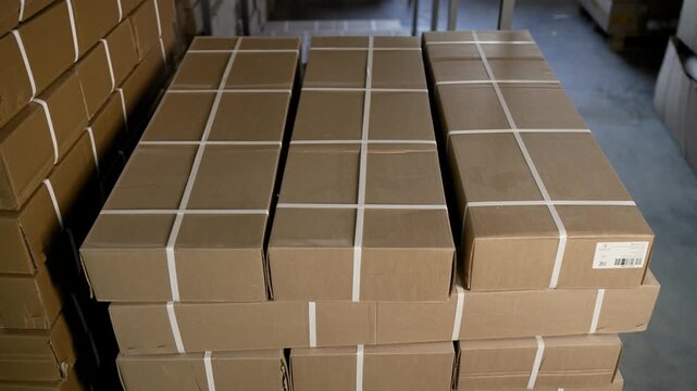 White straps on long brown cardboard boxes stacked high in warehouse, industrial logistics and shipping