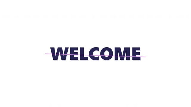 Cinematic sword slash animation cutting through bold WELCOME text on an isolated clean white background, splitting the top half which lifts with kinetic momentum then drops and settles with realistic 