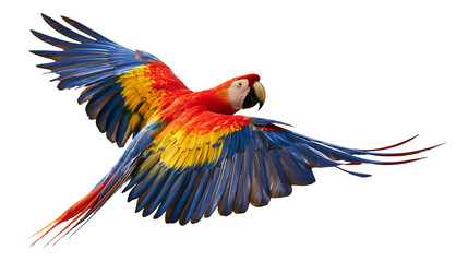Scarlet macaw parrot in flight with vibrant red yellow and blue plumage © Isolde