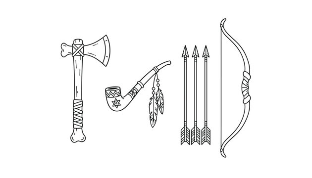 Artistic line drawings of traditional Native American artifacts including a bow and arrows tomahawk and peace pipe.