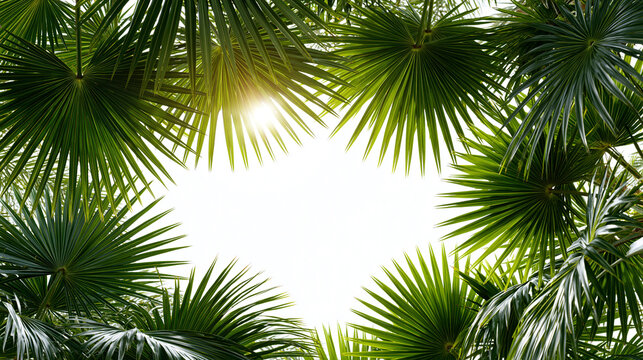 Tropical palm leaves frame with lush foliage border and white copy space 