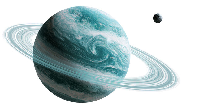 Turquoise gaseous planet with swirling clouds and rings and a small rocky moon