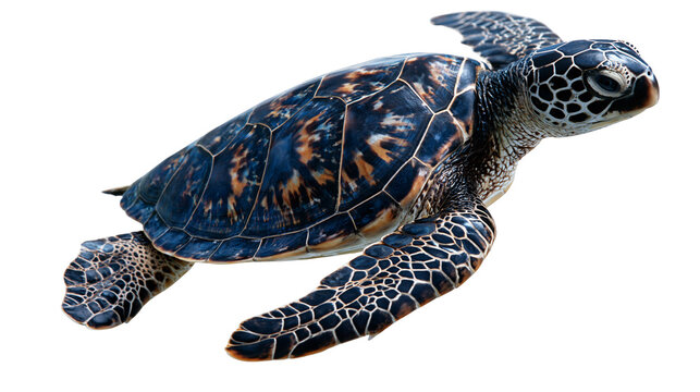 Young green sea turtle with patterned shell swimming