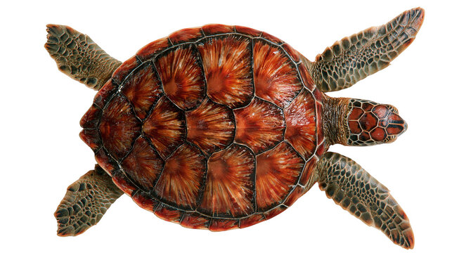 Top view of a juvenile green sea turtle with a patterned brown and orange shell