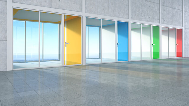 3D Rendring, modern architecture, offices, colorful glass doors, courtyard