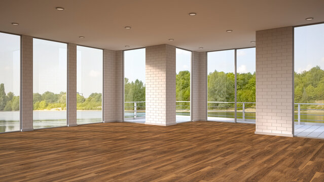 Empty room with wooden floor and view to a lake, 3D Rendering
