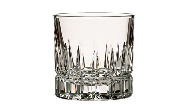 Empty crystal whiskey glass with geometric cut patterns and heavy base