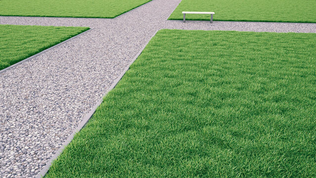Bench on path in park, crossroad, 3D-Rendering