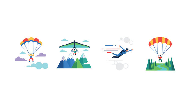 Adventure air sports icon set showing silhouettes of people paragliding and skydiving over various natural terrain.