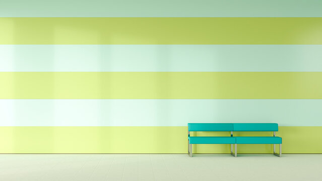 Waiting room with bench in front of striped wall