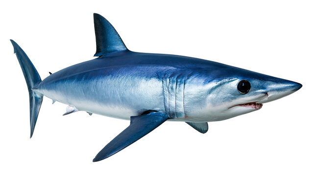 Shortfin mako shark swimming with blue skin and sharp teeth