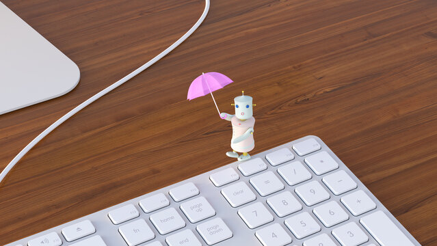Female robot balancing on laptop, 3D rendering
