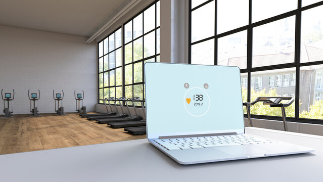 Heart rate on laptop in loft with exercise equipment, 3d rendering