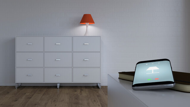 Burning lamp on sideboard and smartphone with control app