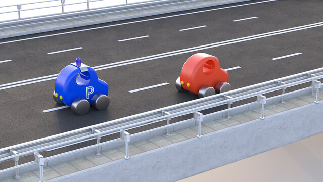Toy police car stopping car on motorway, 3d rendering