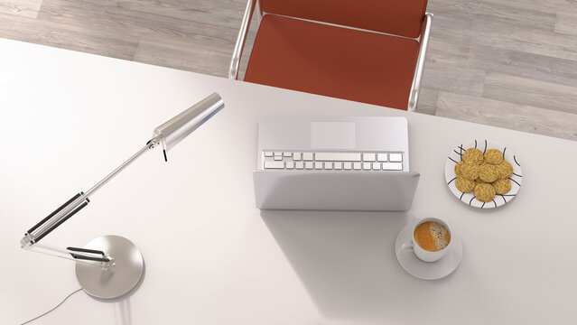 Coffe break in the office, cup of coffee and cookies by laptop on desk