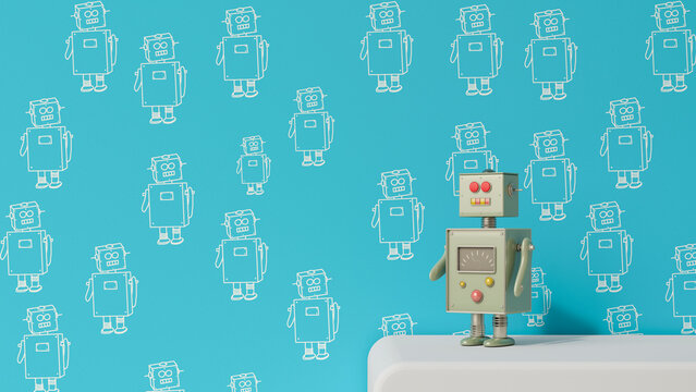 Male robot on sideboard in front of patterned wall paper, 3D rendering