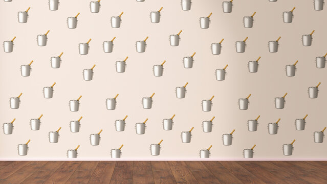 Wallpaper with champagne cooler pattern and wooden floor, 3D Rendering