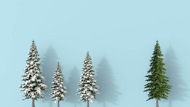 3D rendering, Row of snow covered fir trees blue on background, with a green one , standing aout