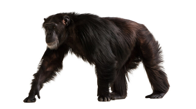 Full body side view of a standing chimpanzee with thick black fur