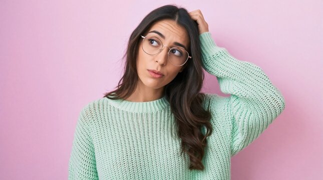 Young Hispanic businesswoman feels confused, puzzled. Beautiful Latina lady scratches head looking away with uncertain expression. Pretty woman in green sweater thinks about difficult problem lacks