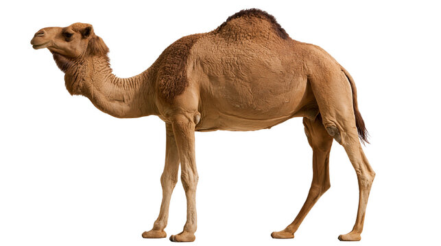 Full body side view of a brown dromedary camel with a single hump
