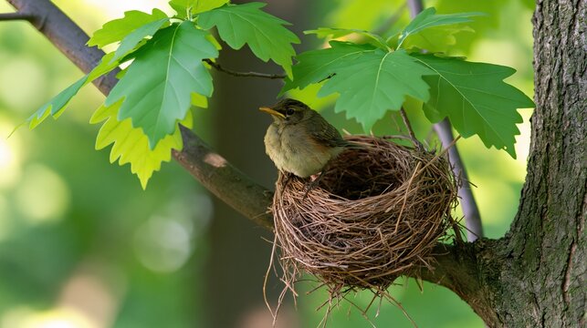 Small bird rests comfortably in its woven nest on a tree branch among lush green foliage.
