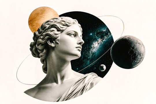 Visuel avec femme statue et plan&egrave;tes, concept de la connaissance