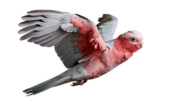 Pink and grey Galah cockatoo bird in flight with wings spread wide