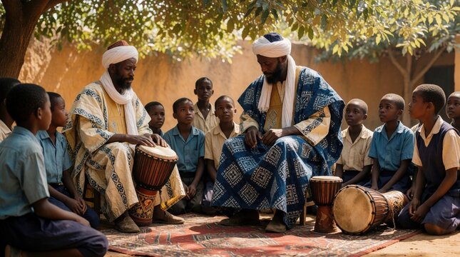 West African griot storyteller performs oral history for group of schoolchildren in shaded courtyard. Man plays traditional drum teaching kids about culture, heritage. Children listen to folk tales,