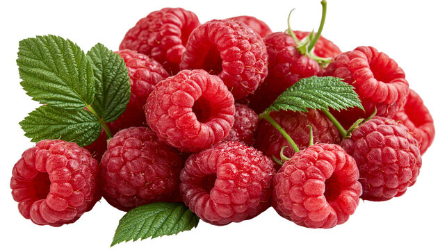 Fresh ripe red raspberries with green leaves piled together