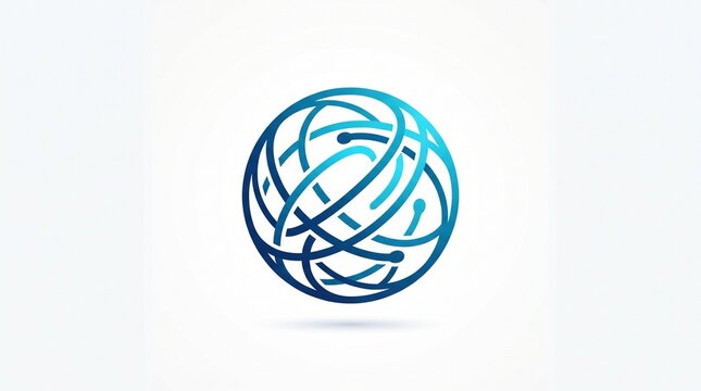Futuristic tech globe logo with interwoven blue gradient orbits and dot nodes, abstract spherical network symbolizing digital connectivity on white background.