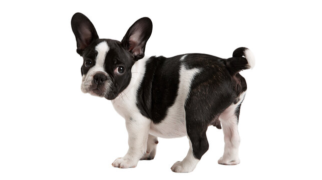 Black and white French Bulldog puppy standing and looking at camera
