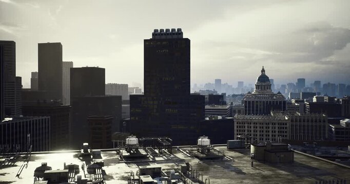overcast skyline showing layered architecture and distant dome, muted color grading, rooftop details and blocky towers, somber atmosphere suitable for editorial