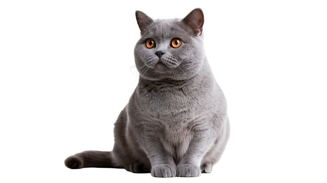 British Shorthair cat with dense grey fur and bright orange eyes sitting
