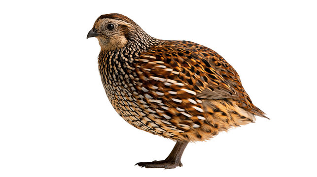 Brown speckled common quail bird standing in profile