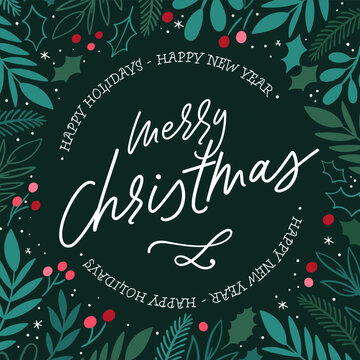 Lovely hand drawn Christmas design, cute greenery, berries and snowflakes, great for cards, invitations, banners - vector