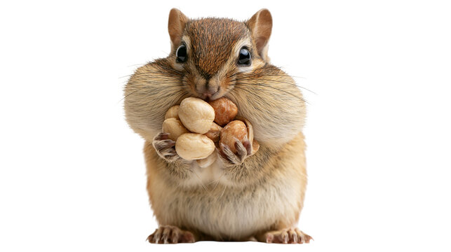 Cute chipmunk with full cheeks holding a handful of shelled peanuts