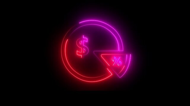 Abstract 3d rendering glowing red and pink neon symbol of pizza slice with glowing outlines. Neon Pizza Slice Badge On Black Background. 