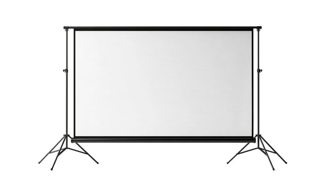 Portable projector screen with black metal tripod stand and white display surface