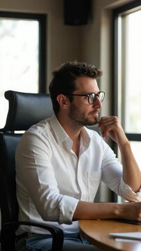 Close up shot handsome he him his macho guy ponder pensive having online currency business chat email letters attentive notebook table sit big office chair wear specs formal-wear white shir.