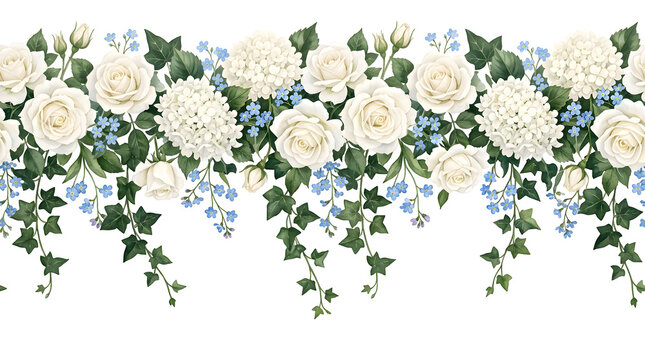 Elegant seamless border of white roses and blue forget me not flowers with dark green leaves and delicate hydrangeas isolated on transparent background