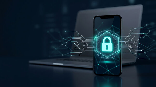Smartphone secure lock icon glowing blue digital web.