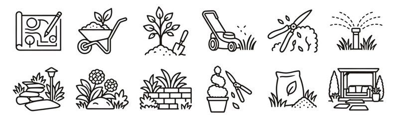 Obraz premium Landscape gardening line icon set. Planting, lawn mowing, irrigation and hedge trimming linear vector illustration. Outline signs for garden design, outdoor maintenance and patio landscaping.